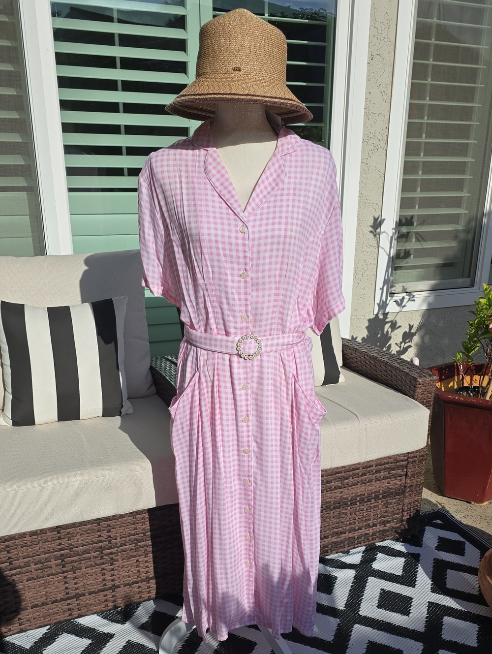 Pink Gingham Button-Front Shirt Dress with Belt